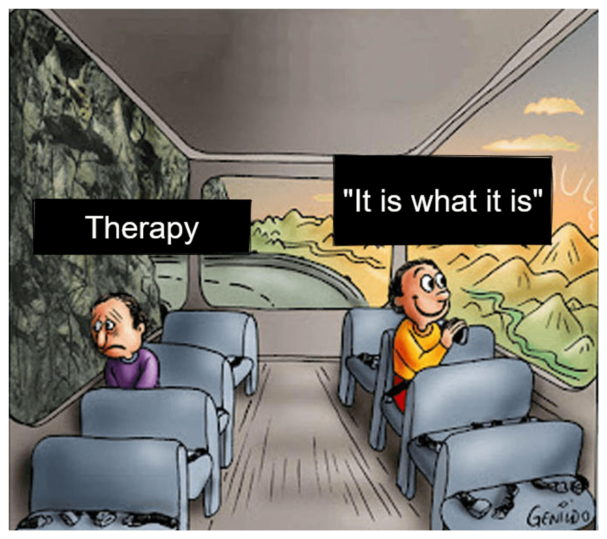 Two guys in a bus meme, the sad person going to therapy while the happy person says It is what it is.