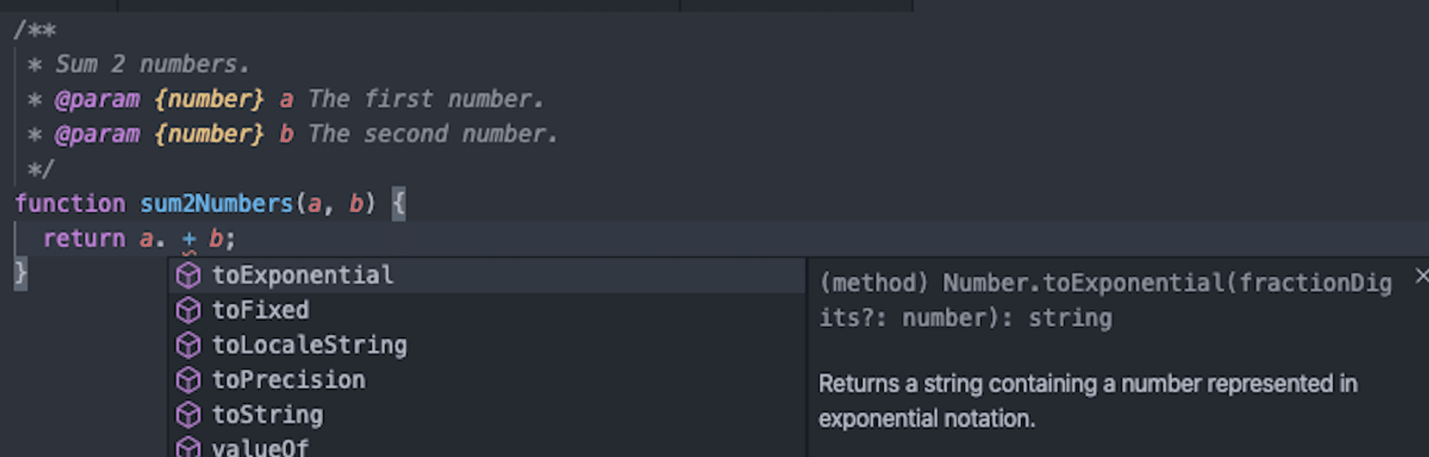Visual Studio Code shows suggestions on known types.