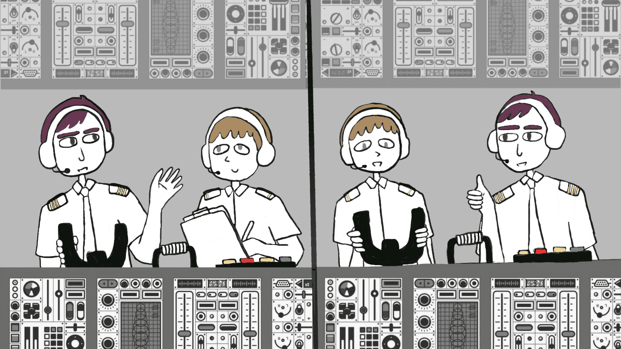 An image illustrating the two people in pilot and copilot seats. Credit to my wife, who drew this for me.