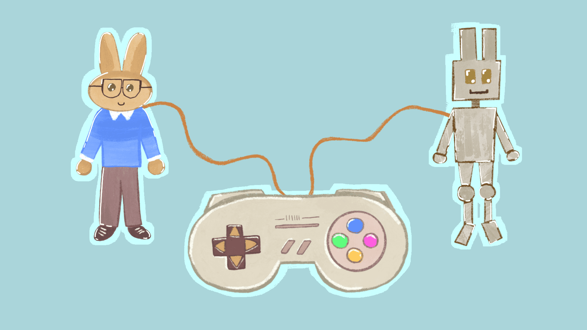 An image illustrating a joystick connected to a human (or rather, bunny) and a robot. My wife drew this for me!